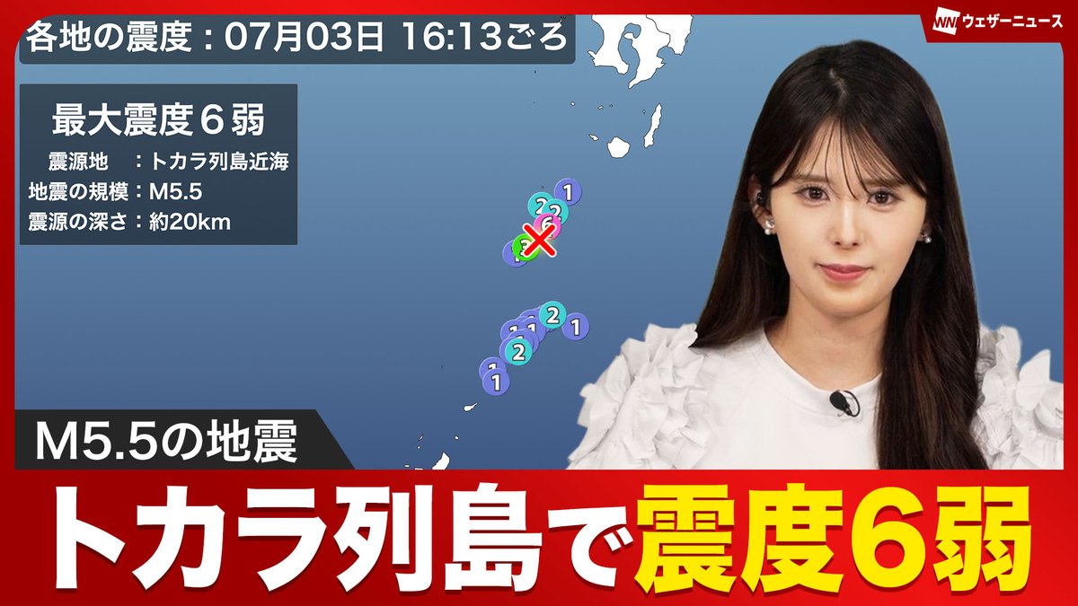 〈トカラ列島近海で震度6弱の地震〉 7月3日(木)16時13分頃、鹿児島県で最大震度6弱を観測する地震がありました。 震源地：トカラ列島近海 マグニチュード：5.5 震源の深さ：約20km この地震による津波の心配はありません。