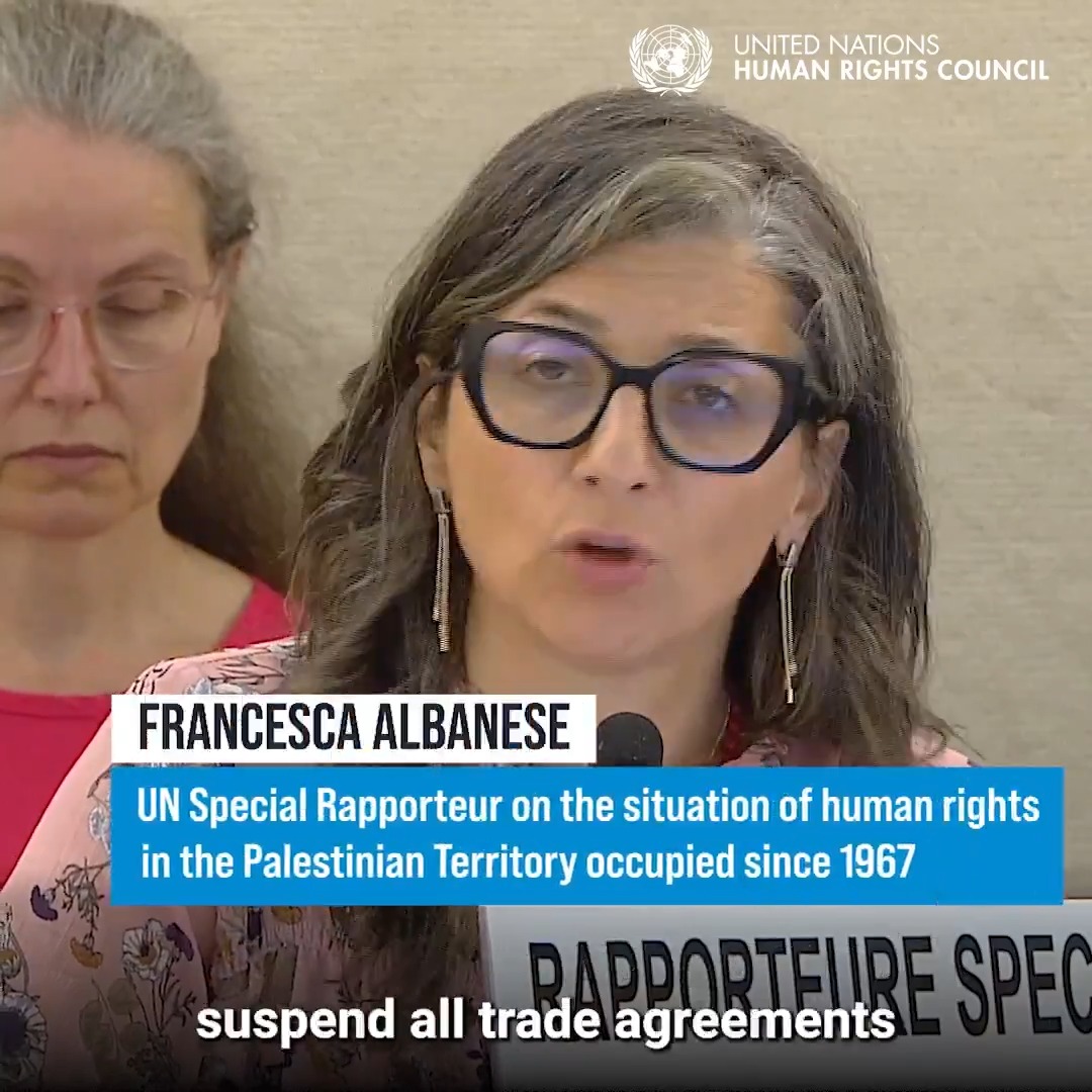 "One people enriched, one people erased." The Special Rapporteur on the situation of human rights in the Palestinian territories occupied since 1967, Francesca Albanese, UN Special Rapporteur oPt, presented her report "From economy of occupation to economy of genocide" to the United Nations Human Rights Council. #HRC59