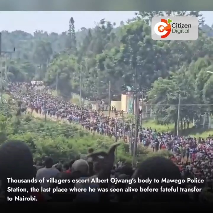 Thousands of villagers escort Albert Ojwang’s body to Mawego Police Station, the last place where he was seen alive before his fateful transfer to Nairobi