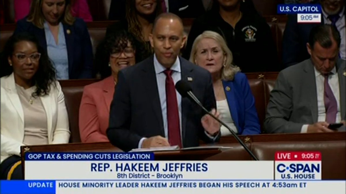 .Hakeem Jeffries has been standing strong on the House floor for 4+ HOURS to delay the final vote on Trump's budget bill: "I'm still here to take my sweet time."