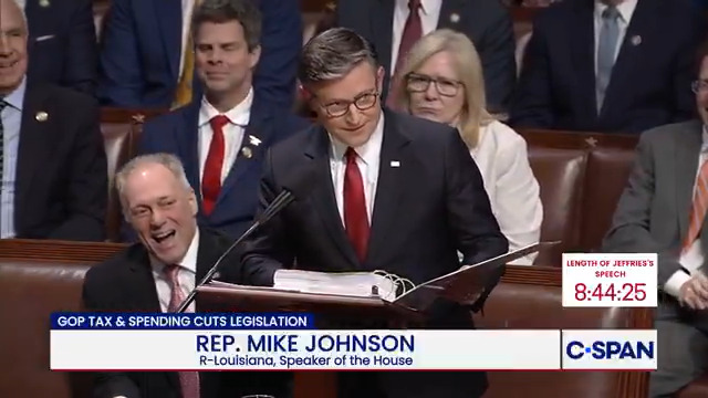 .Speaker Mike Johnson: "Ronald Reagan said one time that no speech should be longer than 20 minutes. Unlike the Democrat Leader, I'm going to honor my colleagues time a be a little more brief than that."