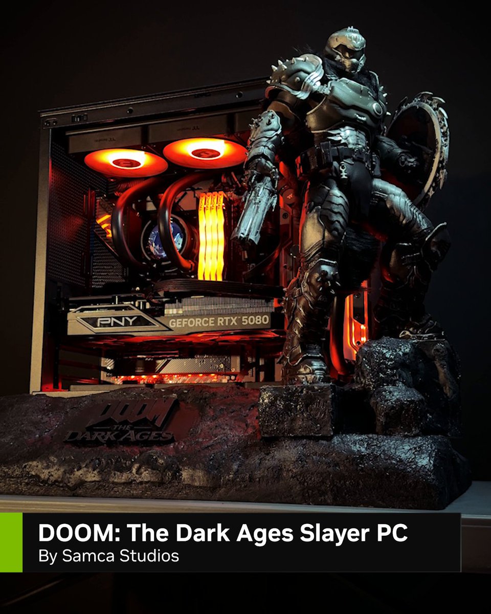😈 New GeForce Garage Build 😈 Powered by a @PNYTechGaming GeForce RTX 5080, this brutal #DOOM: The Dark Ages custom PC is forged with pure Slayer energy and built to shred. 🛠️: Samca Studios