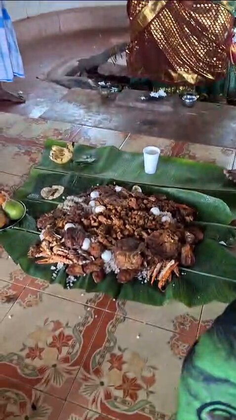 At a Kali temple poosai in the Jaffna district last week, with offerings of lamb curry, crab curry, fried fish etc (sent by a relative):