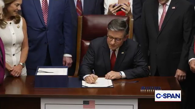.Speaker Mike Johnson signs GOP Tax & Spending Cuts Bill. Goes now to the president.