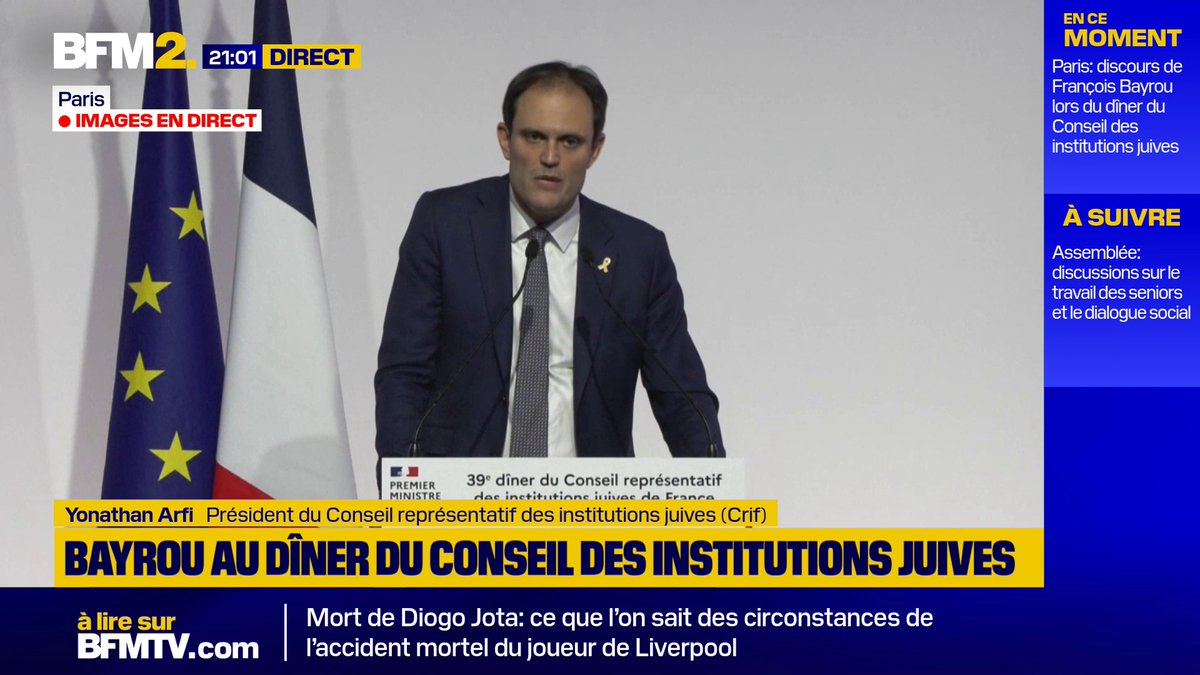 💬 "Face à l'antisémitisme et aux outrances de l'extrême gauche, face à l'appétit sage et passion de l'extrême droite, la République n'a pas dit son dernier mot" Yonathan Arfi, président du Crif s'exprime lors du dîner de l'association #BFM2