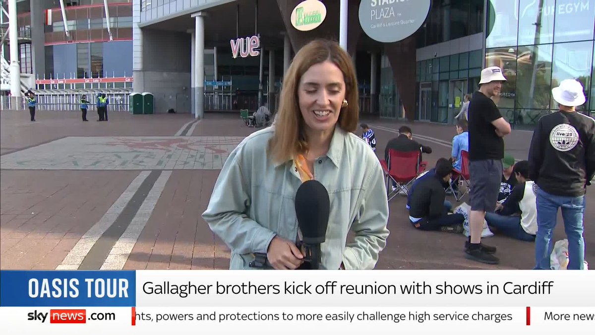 The Gallagher brothers kick off their reunion with shows in Cardiff, marking the start of the long-awaited Oasis tour. Sky’s Arts and Entertainment Correspondent Katie Spencer speaks to fans queuing outside the Principality Stadium. 📺 Sky 501 and YT