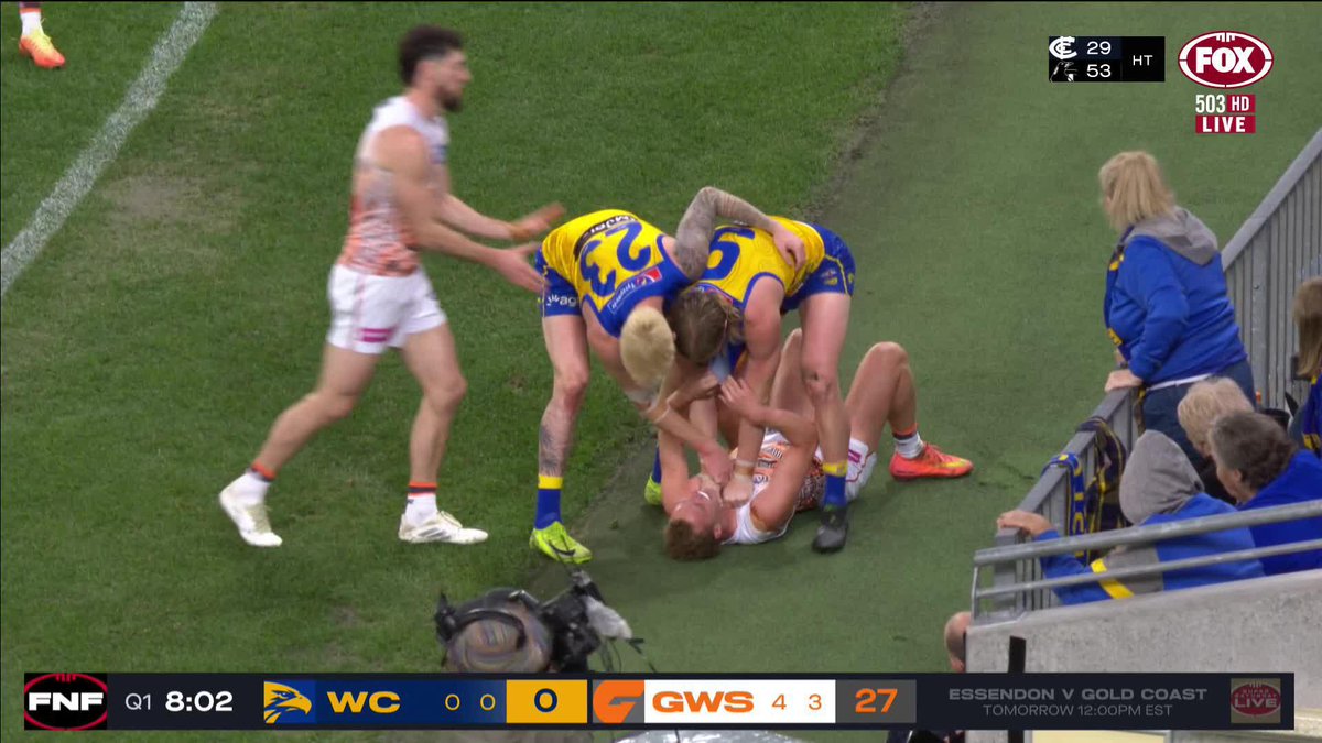 "He's normally the one dishing out the fends." Toby Greene catches Harley Reid high with this fend 👀 📺 Watch #AFLEaglesGiants LIVE on ch. 503 or stream on Kayo: ✍️ BLOG 🔢 MATCH CENTRE