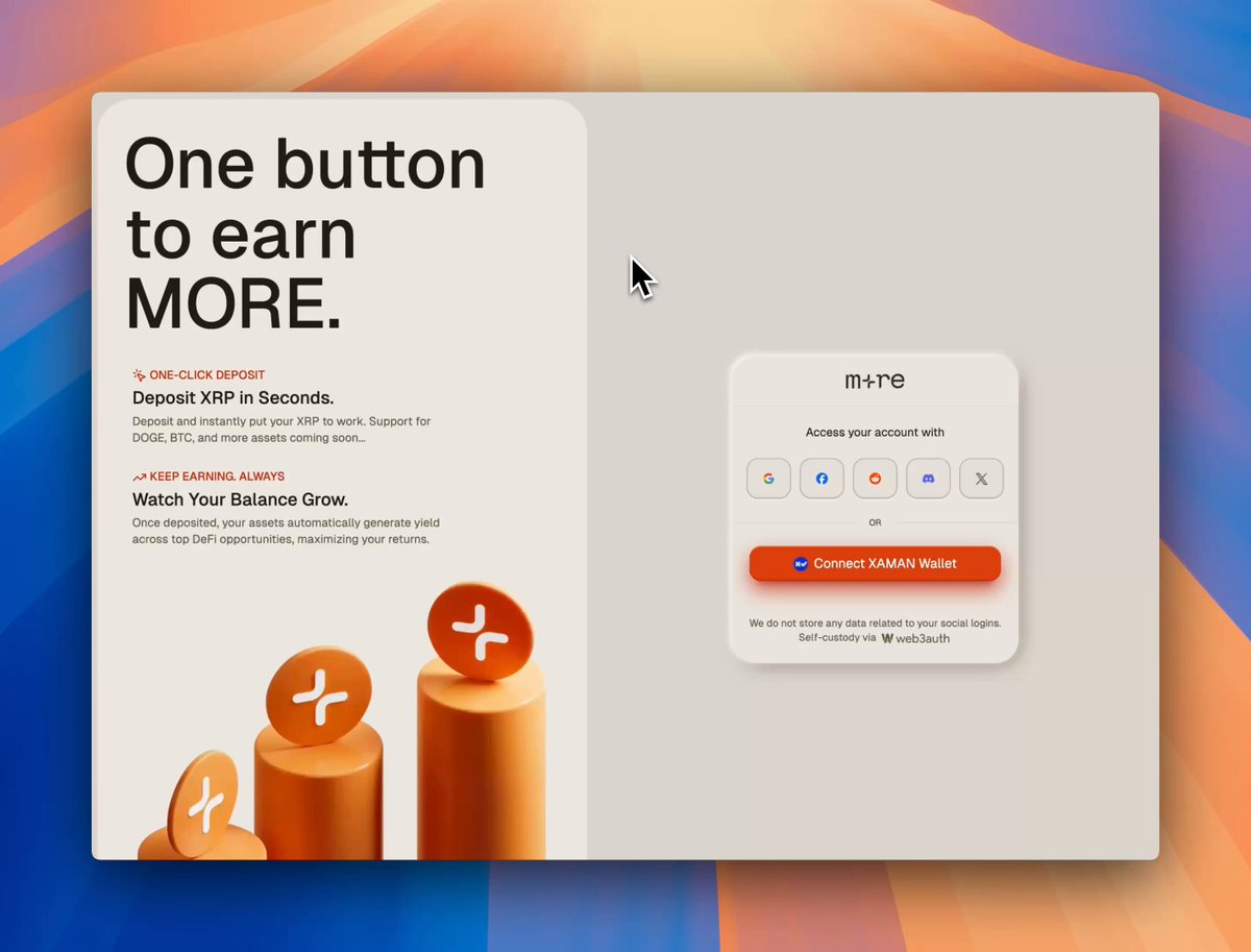 Earning on your crypto should be as easy as signing in with the apps you already use. MoreMarkets, powered by Web3Auth, lets you log in with X, Reddit, Discord, or Google and put idle assets to work, starting with native XRP yield paid generated via RLUSD. Join the waitlist to be first in line ↓
