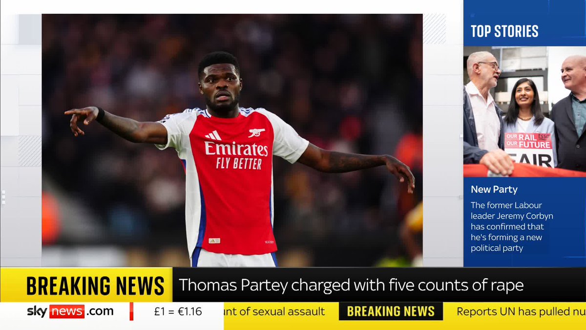 BREAKING: Former Arsenal football player Thomas Partey has been charged with five counts of rape. The 32-year-old, of Hertfordshire, has also been charged with one count of sexual assault. 📺 Sky 501 and YouTube