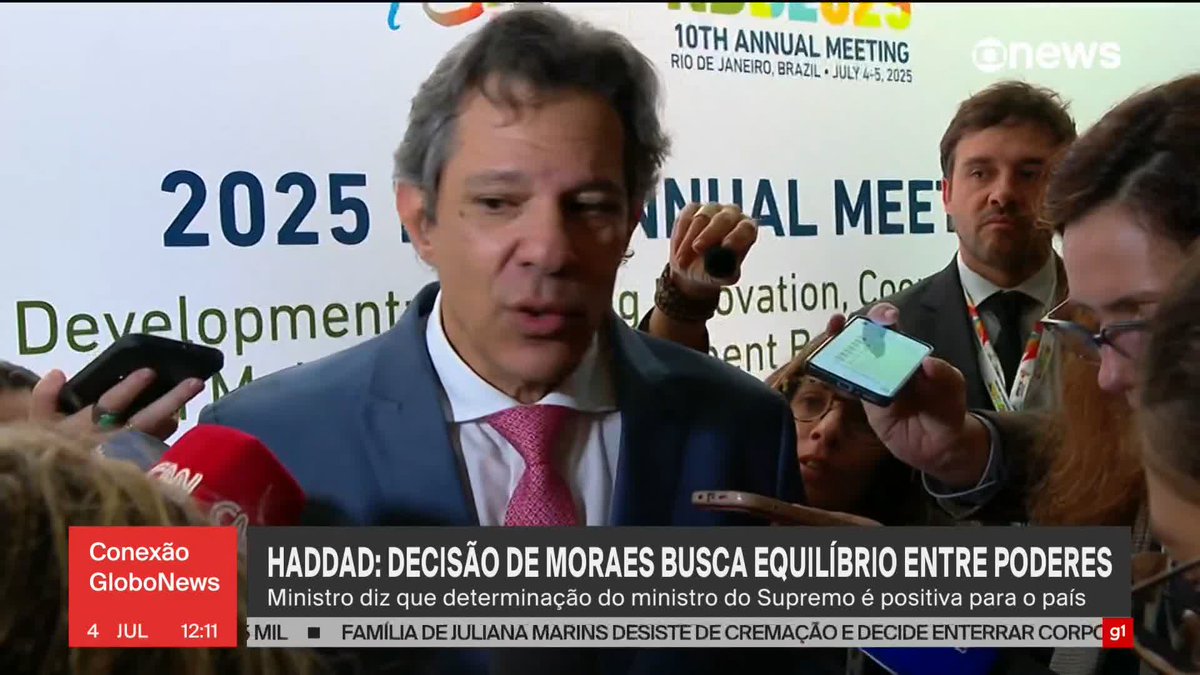 Haddad diz que decisão de Moraes de suspender atos sobre IOF e convocar conciliação entre governo e Congresso é positiva para o país. ➡ Assista na #GloboNews : #ConexãoGloboNews