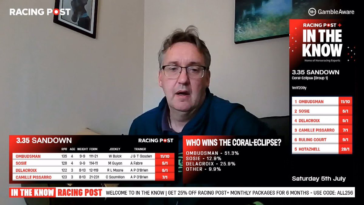 "I don't think the three-year-olds are any good" 😳 Tom Segal thinks it's a straight shootout between Sosie and Ombudsman in the Coral-Eclipse and he's siding with SOSIE (5-1) #InTheKnow | 18+ #GambleAware