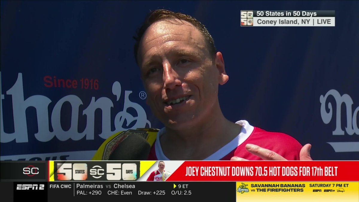 "Next year I'll be 42 ... and I'll be pushing for a record." 😤 Joey Chestnut is still pushing after his 17th Nathan’s Famous Hot Dog Eating Contest title 🏆