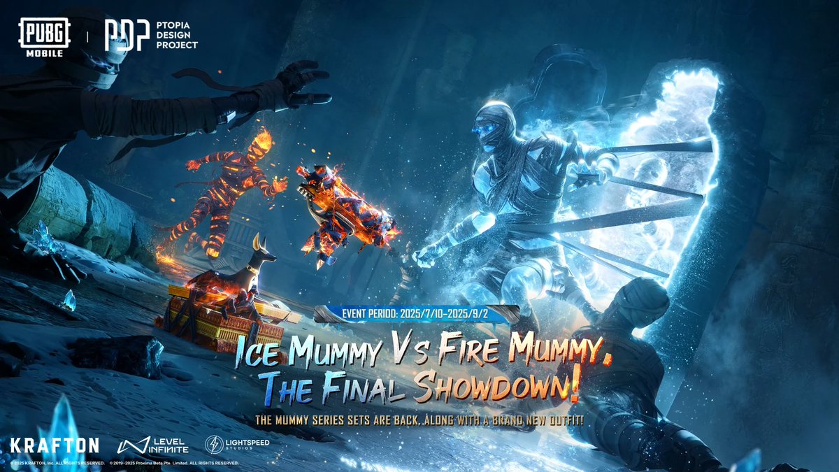 The new PDP Mummy Series – Polar Spectrophage Set arrives July 10 – September 2, 2025! ❄️ Meet the first-ever ice mummy with its own exclusive glider. 🔥 The fan-favorite Inferno Fiend Set returns, now featuring a brand-new upgradable UZI. Ice Mummy vs. Fire Mummy—which side will you choose? The ultimate showdown begins! 📱 #PUBGMMUMMY390preheat #PUBGMMUMMY390 #PUBGMSETS390