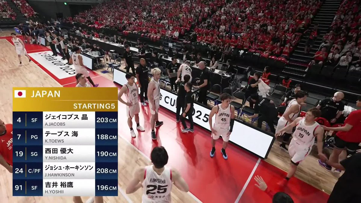 🖐STARTING 5🖐 #4 ジェイコブス 晶 #7 テーブス 海 #19 西田 優大 #24 ジョシュ・ホーキンソン #91 吉井 裕鷹 📺テレビ朝日系列にて生放送 📡バスケットLIVE/ABEMA/TVerにて生配信(見逃し配信あり) #日本生命カップ2025 #AkatsukiJapan #日本一丸