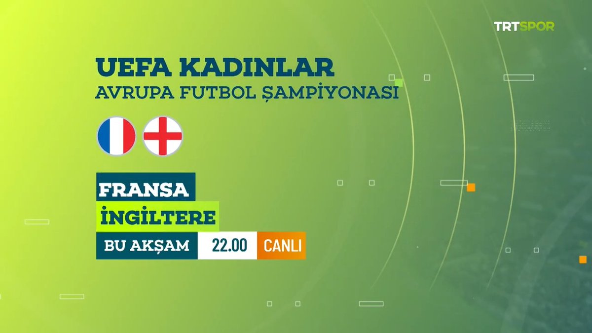 🤩 UEFA Kadınlar Avrupa Futbol Şampiyonası'nda dev maçların heyecanı TRT Spor'da yaşanıyor! 🆚 Fransa × İngiltere 📍 D Grubu - 1. Hafta 📅 Bu akşam ⏱️ 22.00 🏟️ Letzigrund 📺 TRT Spor