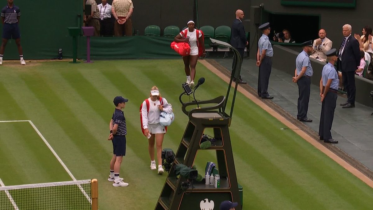 Time for some tennis! 😁 Mirra Andreeva and Hailey Baptiste make their way out onto No.1 Court for a third round meeting 👀 #Wimbledon