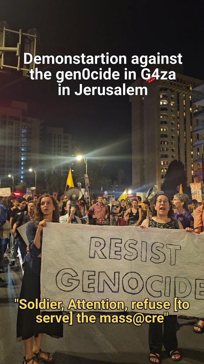 Tonight in Jerusalem, demonstration against the gen0cide in G4za. Protestors faced Israeli soldiers, demanding they refuse to continue serving the gen0cide and making them face pictures of children who were murder3d by the Israeli military.