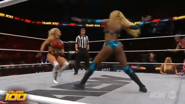 The rivalrly between Queen Aminata クィーンアミナタ and @Toxic_Thekla is being punctuated by HEAVY STRIKES in the All Star 8-Woman Tag! Watch #AEWCollision 100 on TNT &amp; MAX