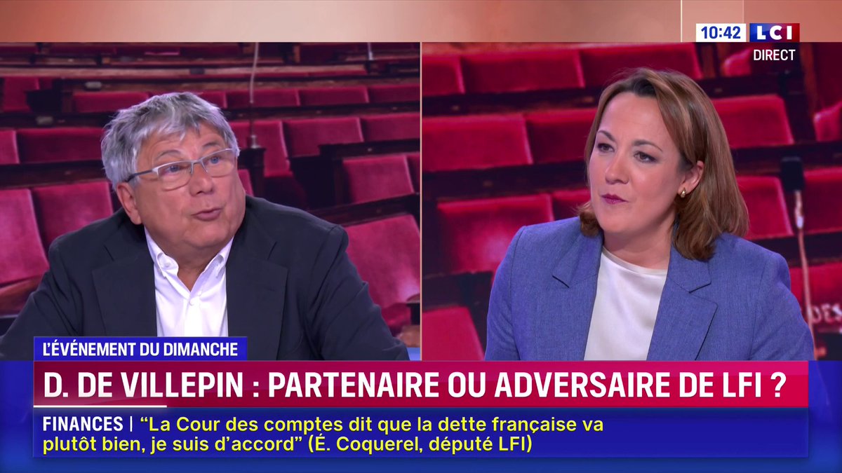 Dominique de Villepin "est à droite. Sur les questions sociales, il ne nous rejoint pas. Par contre, ça fait du bien qu'il reste une droite républicaine dans ce pays", Eric Coquerel qui ajoute préférer "que la droite ait cette voix-là plutôt que la voix de M. Retailleau"
