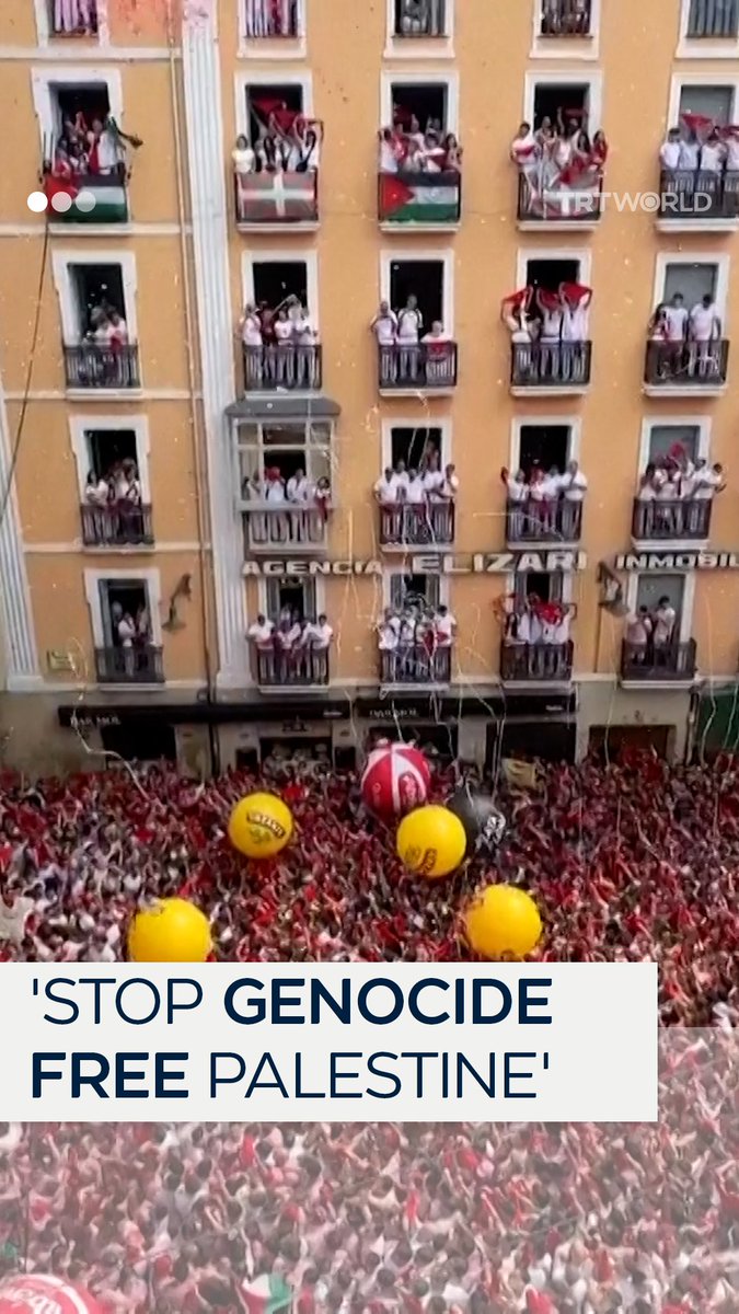 'Stop genocide, free Palestine!' Pro-Palestinian activist shouts just before the Chupinazo firecracker kicks off Spain’s week-long San Fermín festival on Saturday, July 6, with thousands gathered in Pamplona’s main square