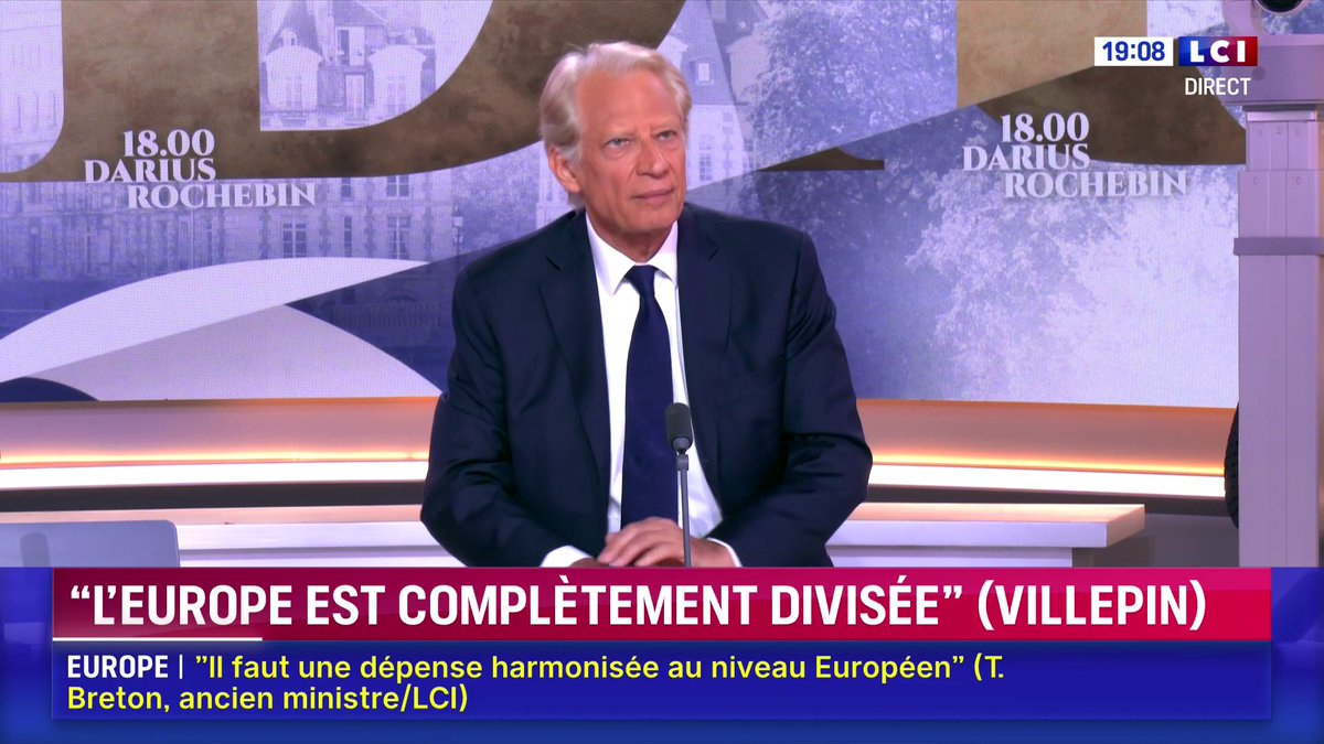 "Nous sommes pris en étau entre la Chine et les États-Unis", schématise Dominique de Dominique de Villepin. "Nous sommes nargués au quotidien par Vladimir Poutine et totalement inconsistants sur les grands théâtres de crise comme le Proche-Orient. Il faut réagir." ▶️ avec Darius Rochebin