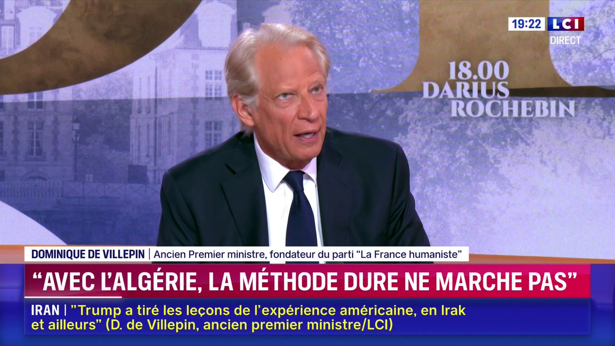Détention de Boualem Sansal : "La méthode dure ne marchera pas" avec l'Algérie, lance Dominique de Dominique de Villepin. "Il ne s'agit pas de se coucher. (...) Il y a un certain nombre de gestes qu'il faut faire pour obtenir de renouer avec l'Algérie." ▶️ avec Darius Rochebin