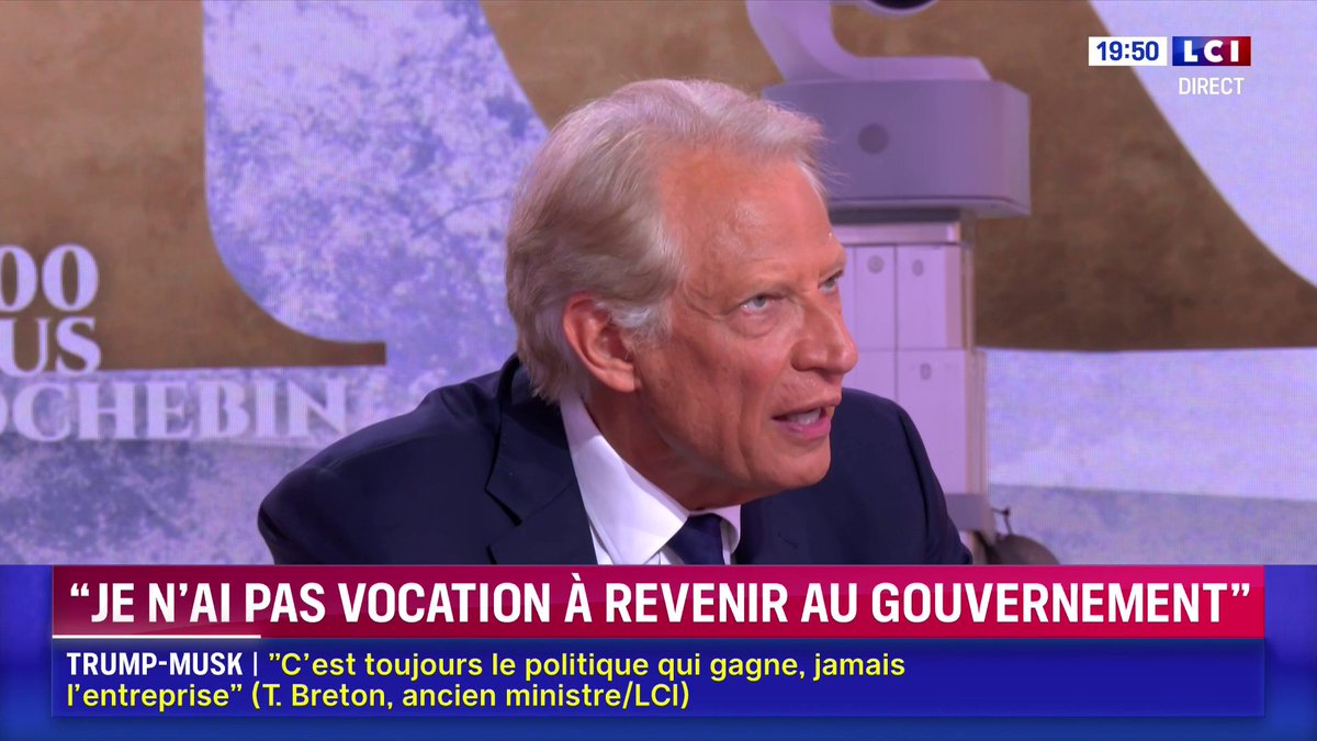 "Je n'ai pas vocation à revenir au gouvernement", déclare Dominique de Dominique de Villepin. "Ce qui m'intéresse, c'est la nouvelle page que la France va écrire après 2027 ou après l'élection présidentielle." ▶️ avec Darius Rochebin