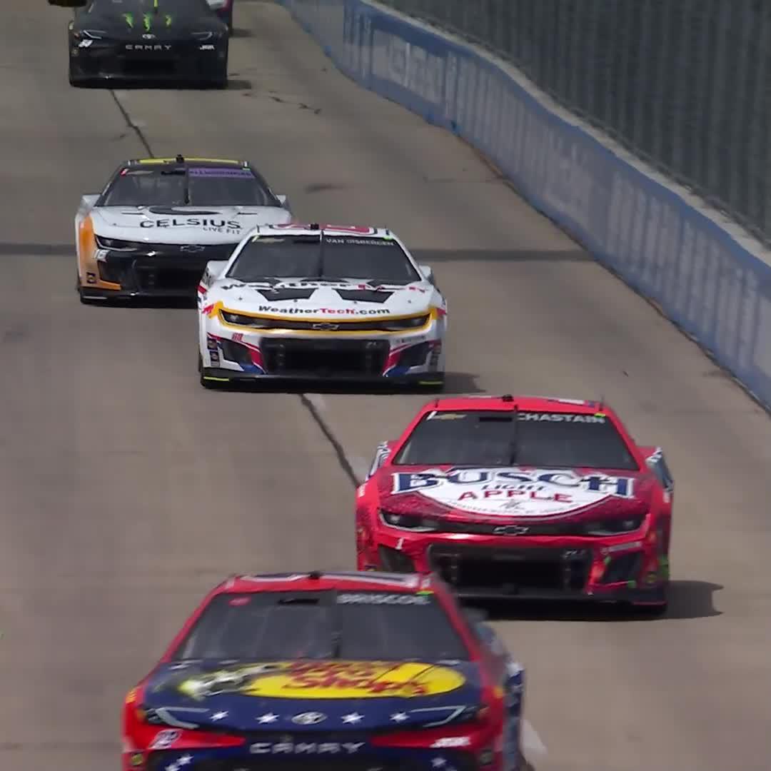 The No. 88 is on the hunt! Shane van Gisbergen passes AJ Allmendinger to take the top spot among cars that pitted before the end of the stage.