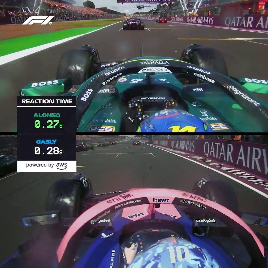 Getting the power down on a wet track! 😮💨🌧️ Alonso and Gasly go side-by-side into Turn 1 after fairly even starts - insights by Amazon Web Services 📈 #F1 #F1Insights #BritishGP