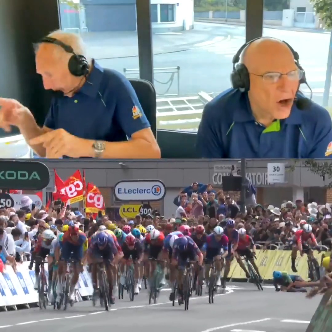 Inside the booth with Phil Liggett and Bob Roll for a CRAZY Tour de France finish! 😳 #TDF2025