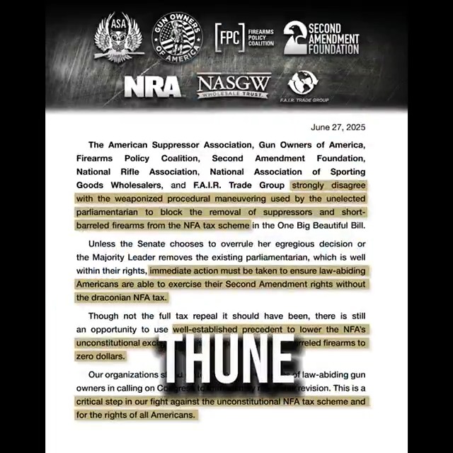 We should be celebrating the full deregulation of suppressors, SBRs, and SBSs today. But instead, GOA, FPC, NRA, and 2AF cut a deal with Thune two weeks ago that SCREWED gun owners. Now, they just want your money. They planned all of it, and gaslit you along the way.
