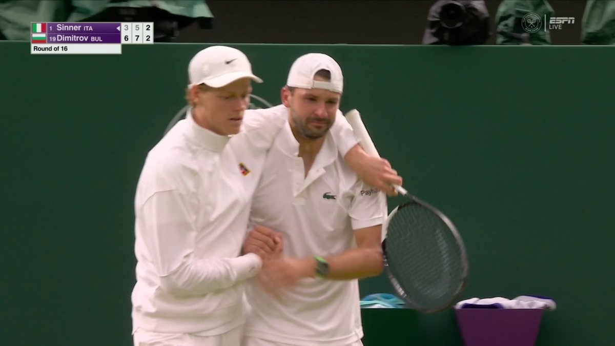 Grigor Dimitrov was forced to retire from his match against top-seeded Jannik Sinner after appearing to injure his right pectoral. Dimitrov had won the first two sets of the match.