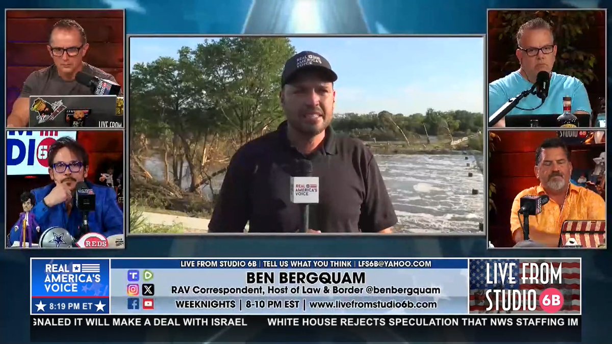 BEN TEARS UP THINKING ABOUT HIS DAUGHTERS AS HE REPORTS FROM THE GUADALUPE RIVER “The hardest part for me…has just been imagining my girls floating down a river alone and the fear that that causes…” Ben Bergquam - Real America’s Voice (RAV-TV) News Slickricksports Rick Delgado LFS6B 🍊 Damon Roberts Paul Eggs Nolan LFS6B Live From Studio 6B