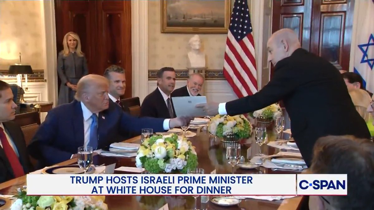 President Trump hosts Israeli Prime Minister Benjamin Netanyahu for dinner at the White House. Prime Minister Netanyahu presents President Trump with a letter he sent to the Nobel Prize Committee nominating President Trump for the Noble Peace Prize.