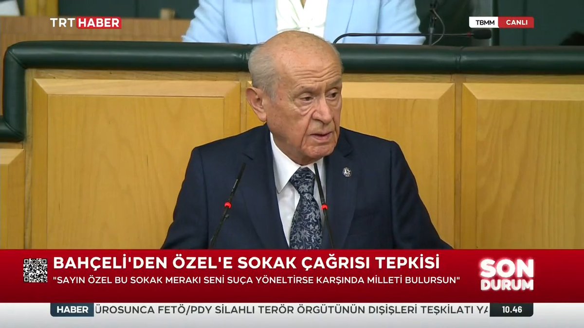 "Özgür Özel hakkında başlatılan soruşturma isabetlidir" MHP Genel Başkanı Bahçeli: Hayırdır Özgür Bey, darbe mi düşünüyorsun? Sandık ve demokrasiyle yapamadığını silahların gölgesinde mi planlıyorsun? Bu dil bozuk ve buhranlı bir dildir. Bu kafa yapısı antidemokratiktir.