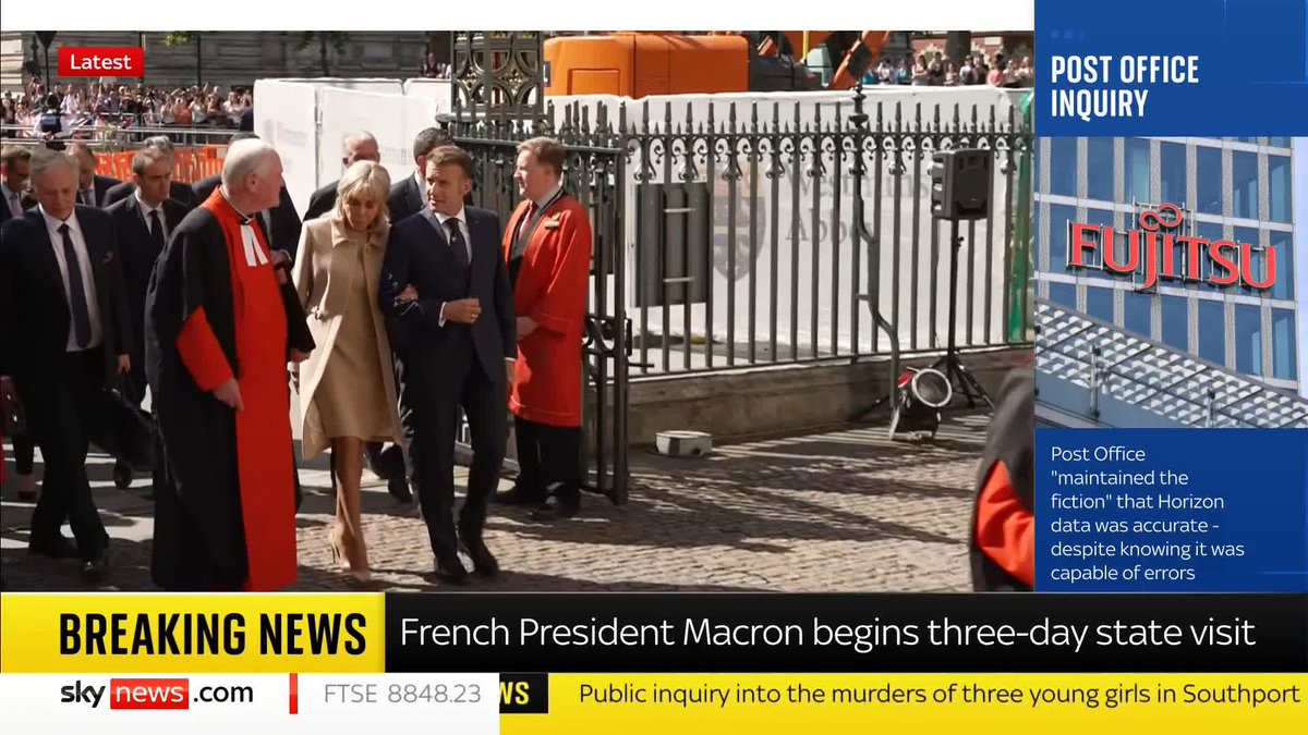 French President Emmanuel Macron and his wife Brigitte have arrived at Westminster Abbey in London. Mr Macron is in the UK for a three-day state visit, the first by a French president since 2008. Latest ➡️ 📺 Sky 501, Virgin 602 and Freeview 233