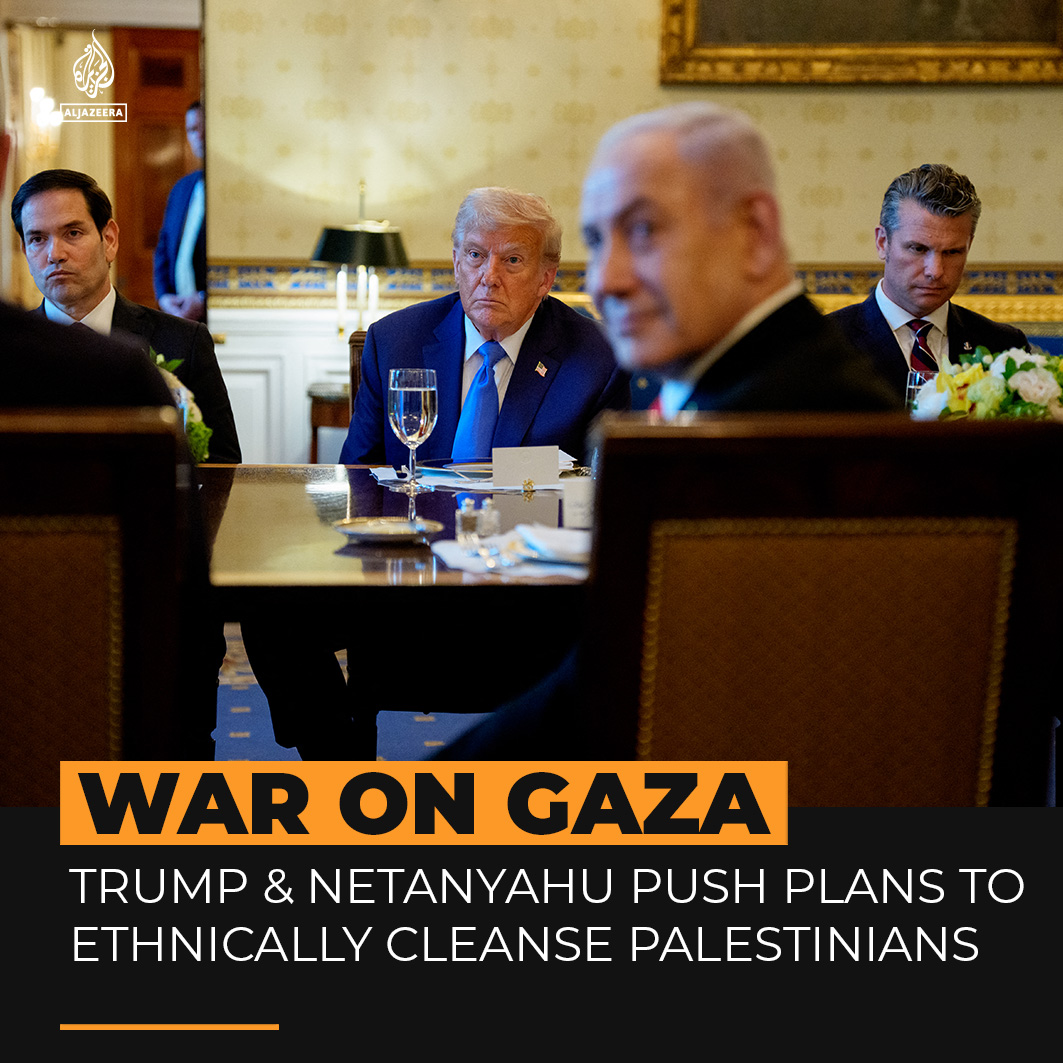 US President Trump and Israeli PM Netanyahu pushed their controversial plan to forcibly displace Palestinians from Gaza as they met at the White House, with Netanyahu rejecting a Palestinian state as “suicide” for Israel.