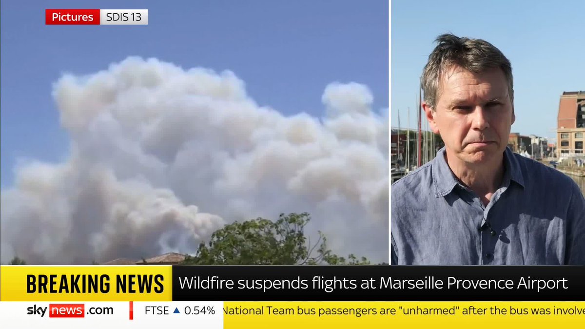 Four people have been injured after a huge wildfire reached the edge of Marseille, causing flights to be suspended at an airport around 15 miles away. Sky's @AdamParsons reports. Wildfire latest ➡️ 📺 Sky 501, Virgin 602, Freeview 233 and YouTube