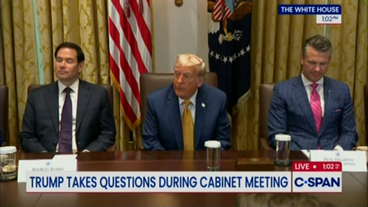 Trump, whispering to Hegseth: What do you know about this? Hegseth, whispering to Trump: John might know Trump to press: Well, I'd ask John to discuss it