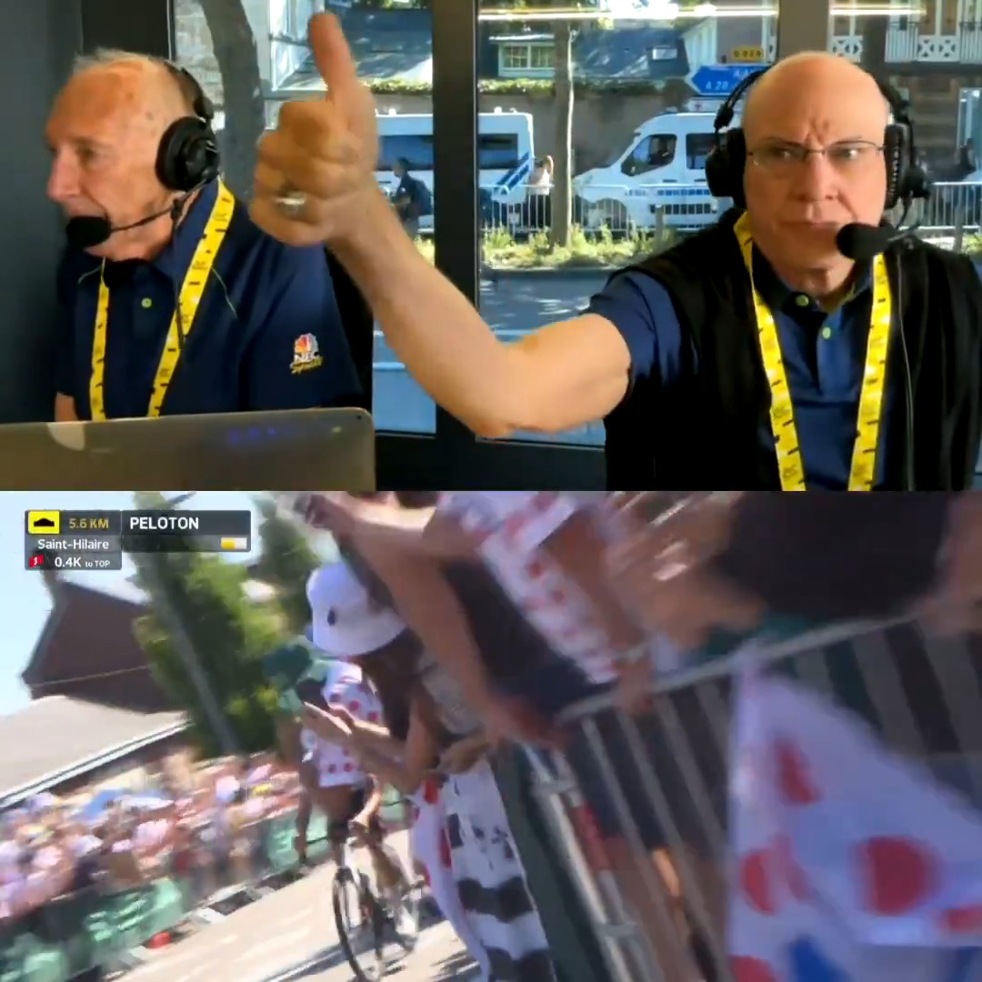 Inside the Tour de France booth with Phil Liggett and Bob Roll for Tadej Pogacar’s historic 100th career victory! 🎉 #TDF2025