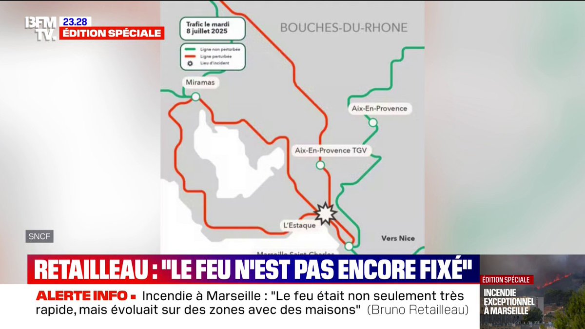 La SNCF annonce que la ligne Paris-Marseille reste interrompue ce soir et sera "très impactée" demain en raison de l'incendie qui touche la cité phocéenne