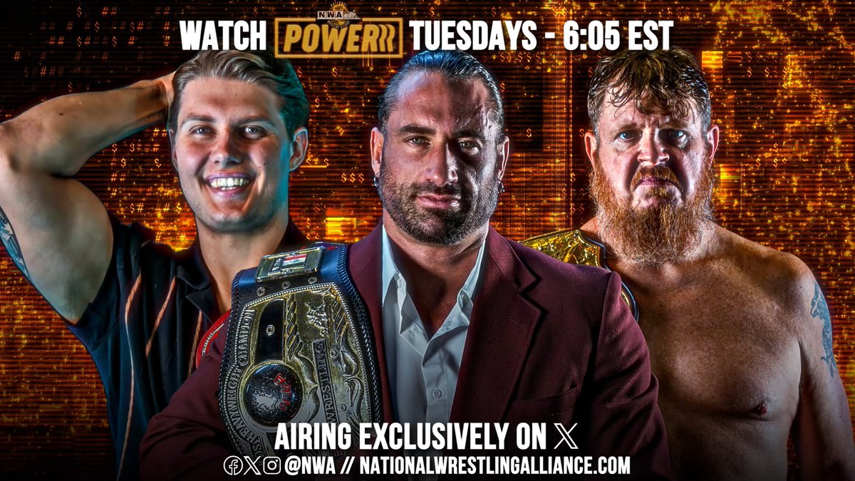 It's 6:05e! It's time for WRESTLING! It’s time for #NWAPowerrr on X! The Slimeballz come for the Tag Titles in a ladder match against Knox & Murdoch! And the stage is set: Carson Drake cashes in his Lucky 7 for a shot at Thom Latimer's World Title!