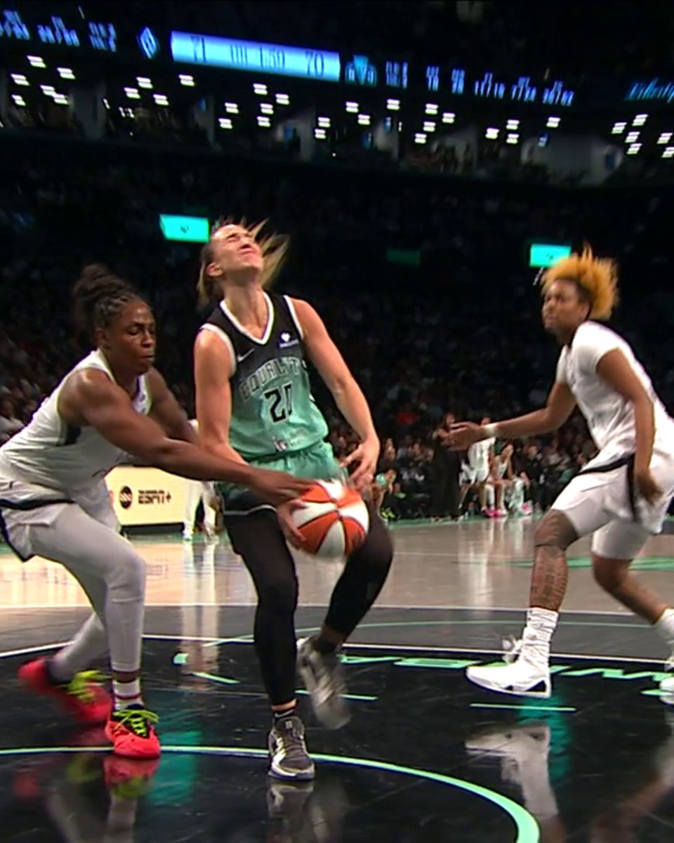 Sabrina Ionescu was assessed a technical foul after this play. Chelsea Gray was called for a defensive foul.