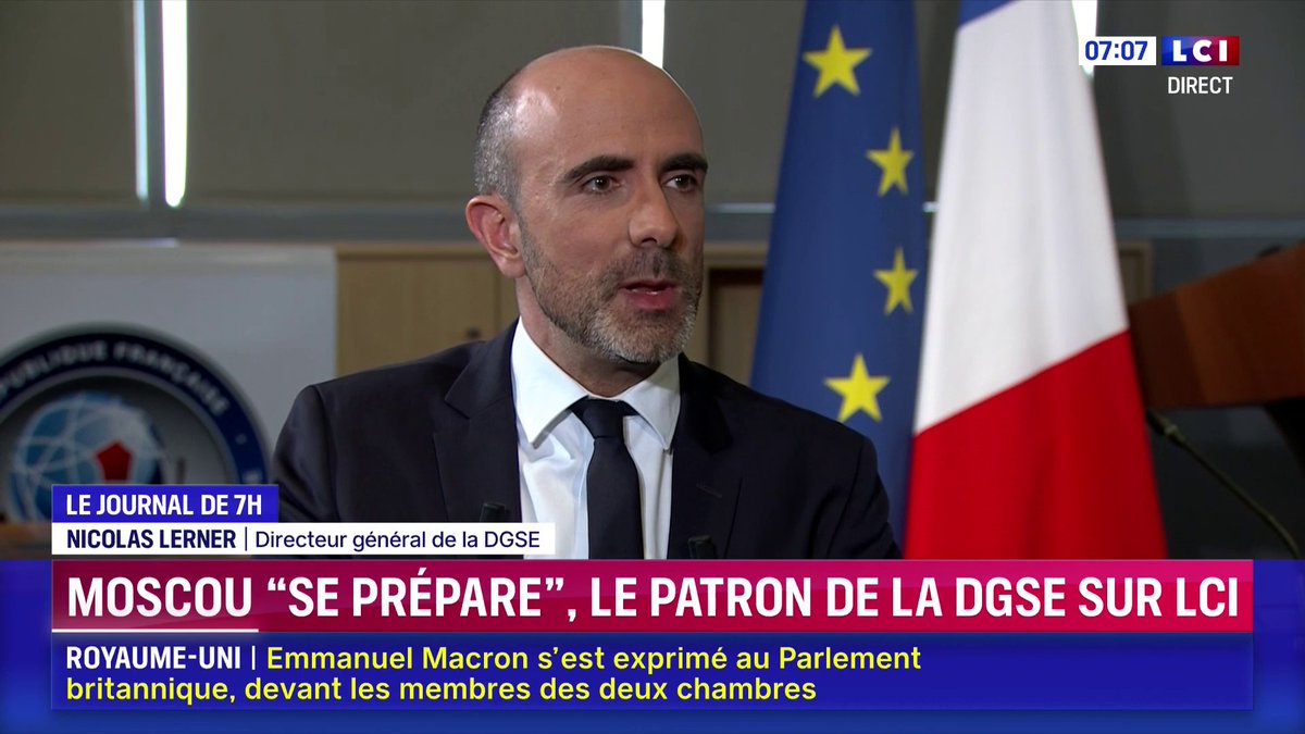 🔴 "La Russie pose une menace existentielle (...) pour l'Europe" ▶️ Le directeur général de la DGSE, Nicolas Lerner, était l'invité exceptionnel de Darius Rochebin sur LCI hier. Il est revenu, durant une heure d'échange, sur les principales menaces qui pèsent sur la France.