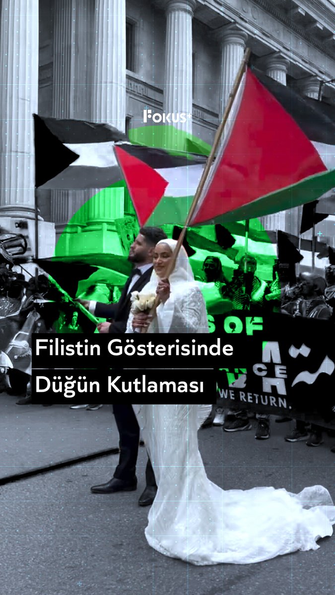 Kanada’da yeni evli bir çift düğünlerini Filistin gösterisinde bayrak taşıyarak kutladı.