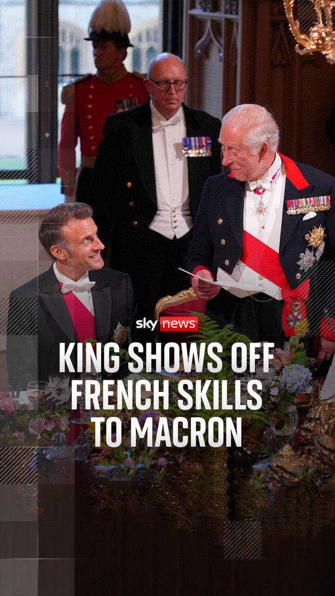 President Macron seemed entertained by King Charles showing off his French skills, smirking and subtly winking across the table. Watch the moment, which happened during the royal banquet held at Windsor Castle 👇