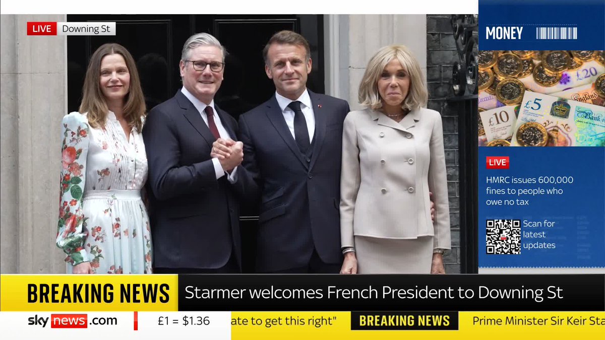 BREAKING: French President Emmanuel Macron and Brigitte Macron are welcomed to Downing Street by PM Sir Keir Starmer and Victoria Starmer. 📺 Sky 501, Virgin 602, Freeview 233 and YouTube