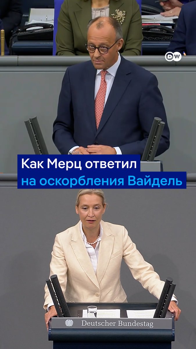 Сопредседатель АдГ Алис Вайдель критиковала и оскорбляла Фридриха Мерца в бундестаге, обвинив его среди прочего в поддержке Украины за счет немецких налогоплательщиков. Вот что ответил ей канцлер ФРГ