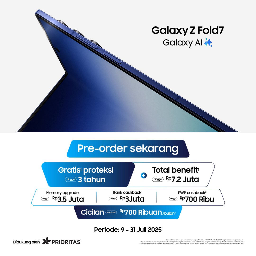 Reply "MAU" kalau penasaran sama ultra sleek design dari #GalaxyZFold7! ✨ Segera miliki Galaxy Z Fold7 dan dapatkan total benefit up to Rp7.2 jt. Promo terbatas hingga 31 Juli 2025. Pre-order now: #GalaxyAI #UnfoldPowerFlipTheNorm
