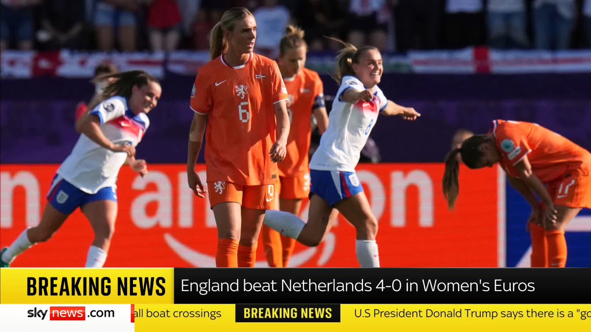 BREAKING: England have beaten the Netherlands 4-0 in the Women's Euros. Sky's Rob Harris says "Sweet Caroline is now playing out in the stadium". 📺 Sky 501, Virgin 602, Freeview 233 and YouTube